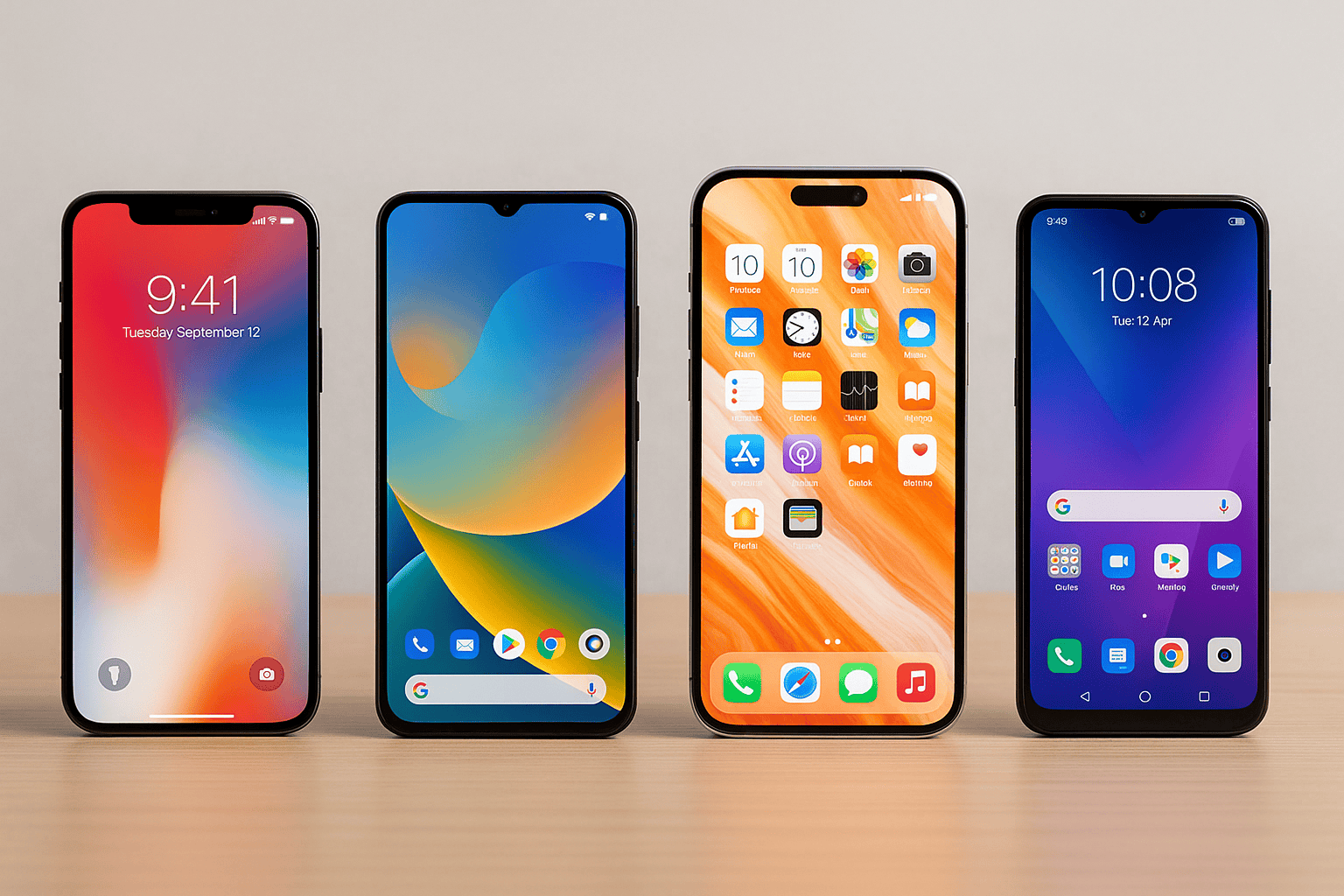Three iPhones displayed in various colors, showcasing their sleek designs and modern aesthetics.